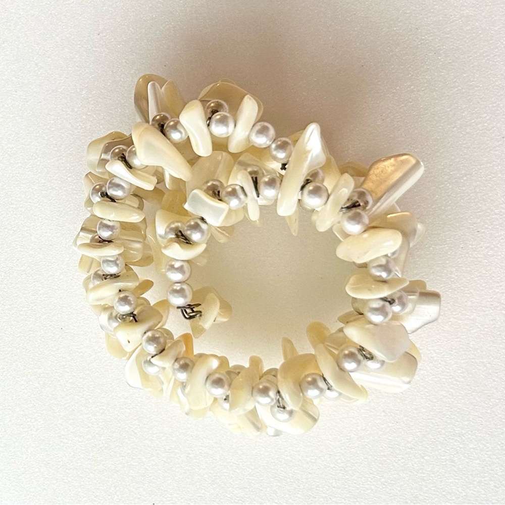 Vintage Glass Pearls and Mother Of Pearl Chips Bangle 8.5” Flexible 1.25” Wide